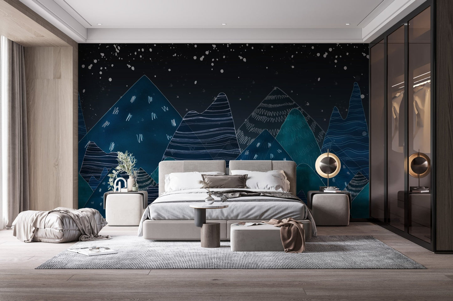 Dark blue mountain wall mural in a modern bedroom setting with a grey bed