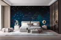 Dark blue mountain wall mural in a modern bedroom setting with a grey bed