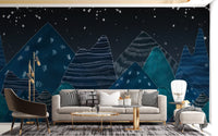 Grey sofa set against a dark blue starry mountain wall mural backdrop.