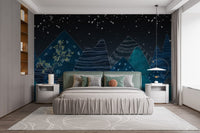 Dark Blue Mountain Wall mural behind a modern bed in a neutral room.