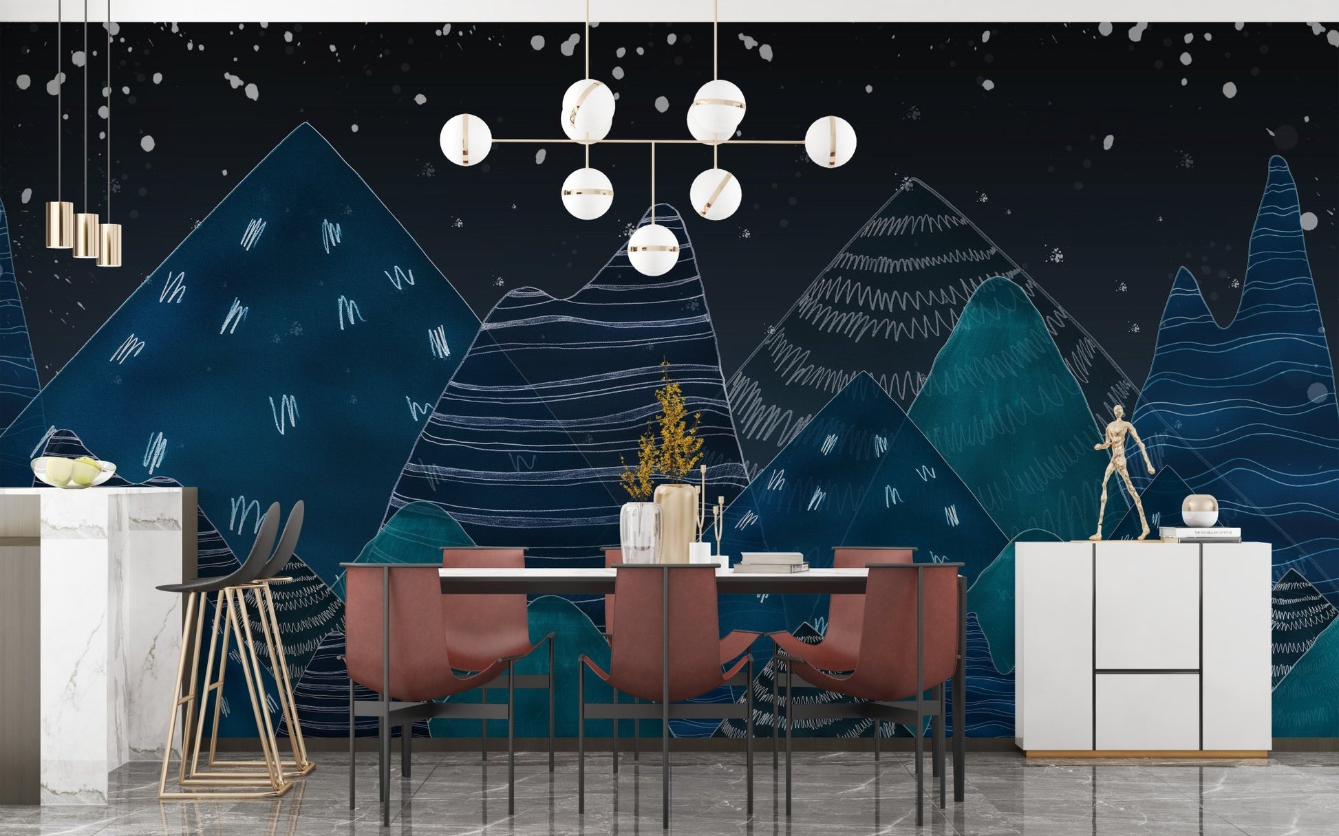 Modern dining space decorated with a blue mountain peaks wall mural