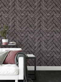 Dark Brown Brick Repeat Pattern Wallpaper in a modern living room with a white sofa.