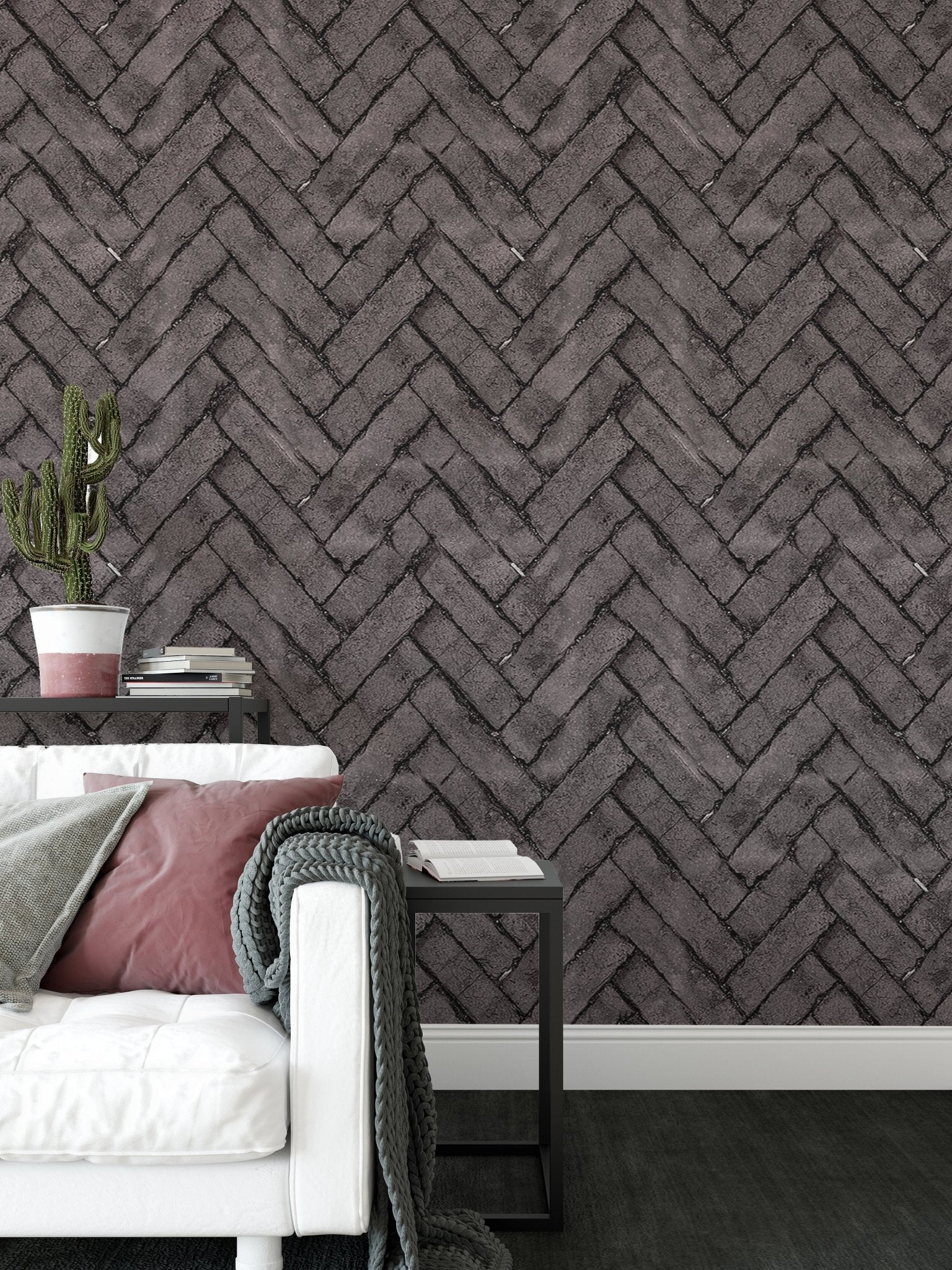 Dark Brown Brick Repeat Pattern Wallpaper in a modern living room with a white sofa.
