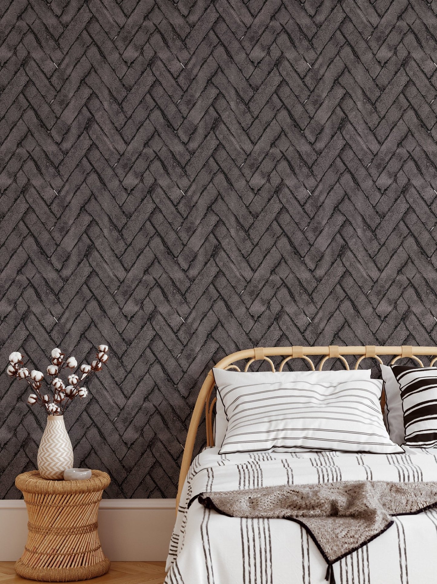 Bedroom feature wall using dark brown brick repeat pattern wallpaper.