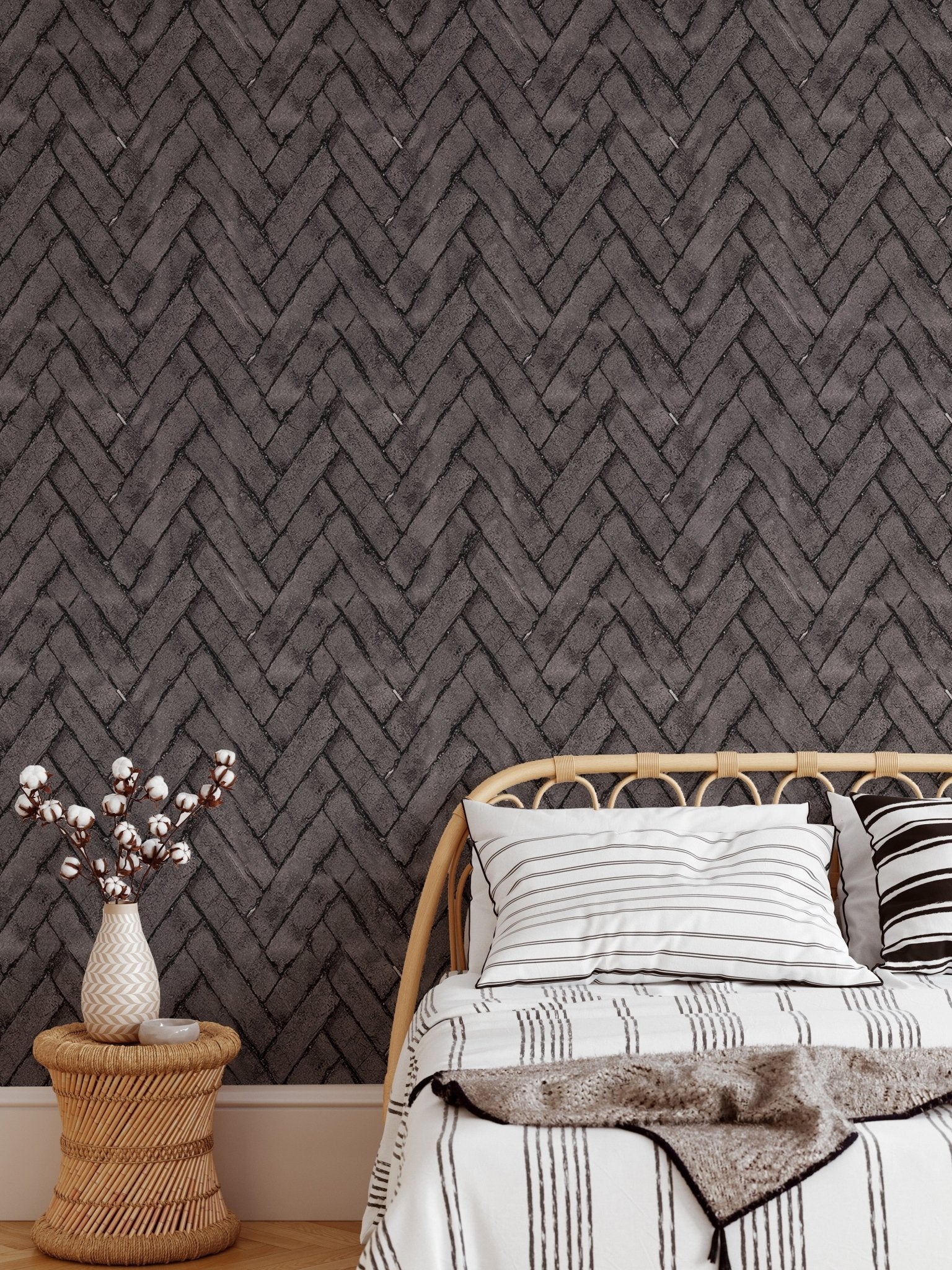 Bedroom feature wall using dark brown brick repeat pattern wallpaper.