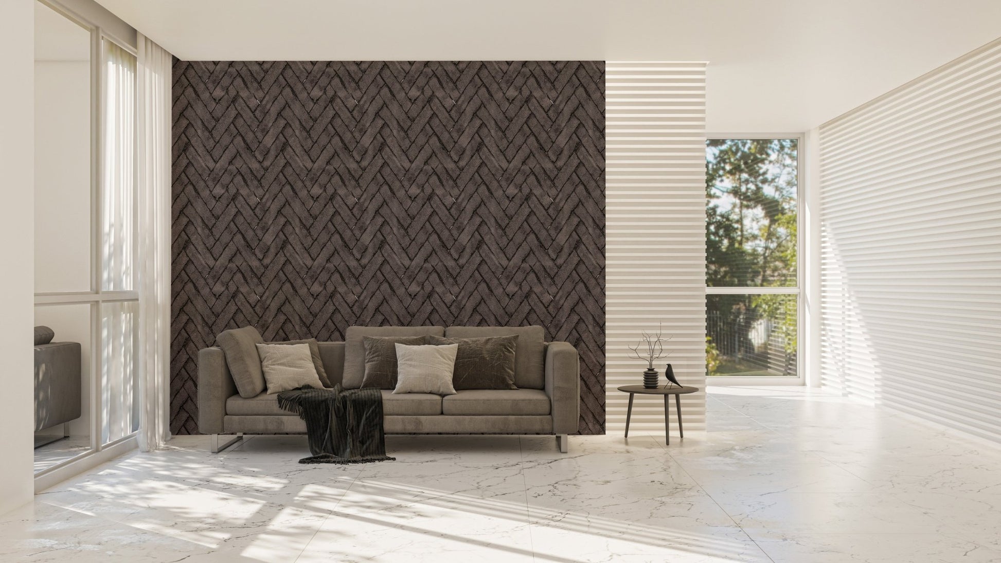 Large living area featuring dark brown brick repeat pattern wallpaper.