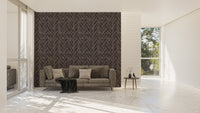Large living area featuring dark brown brick repeat pattern wallpaper.