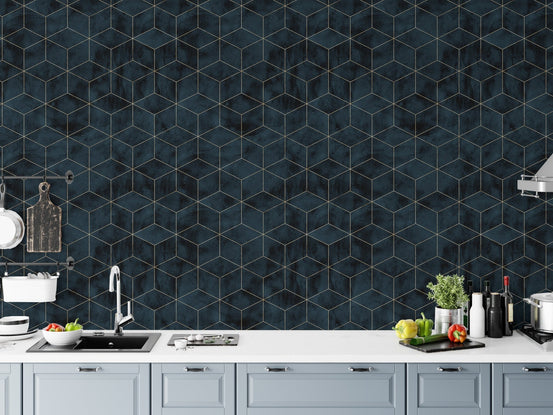 Navy and gold cube wallpaper installed in a modern kitchen setting.
