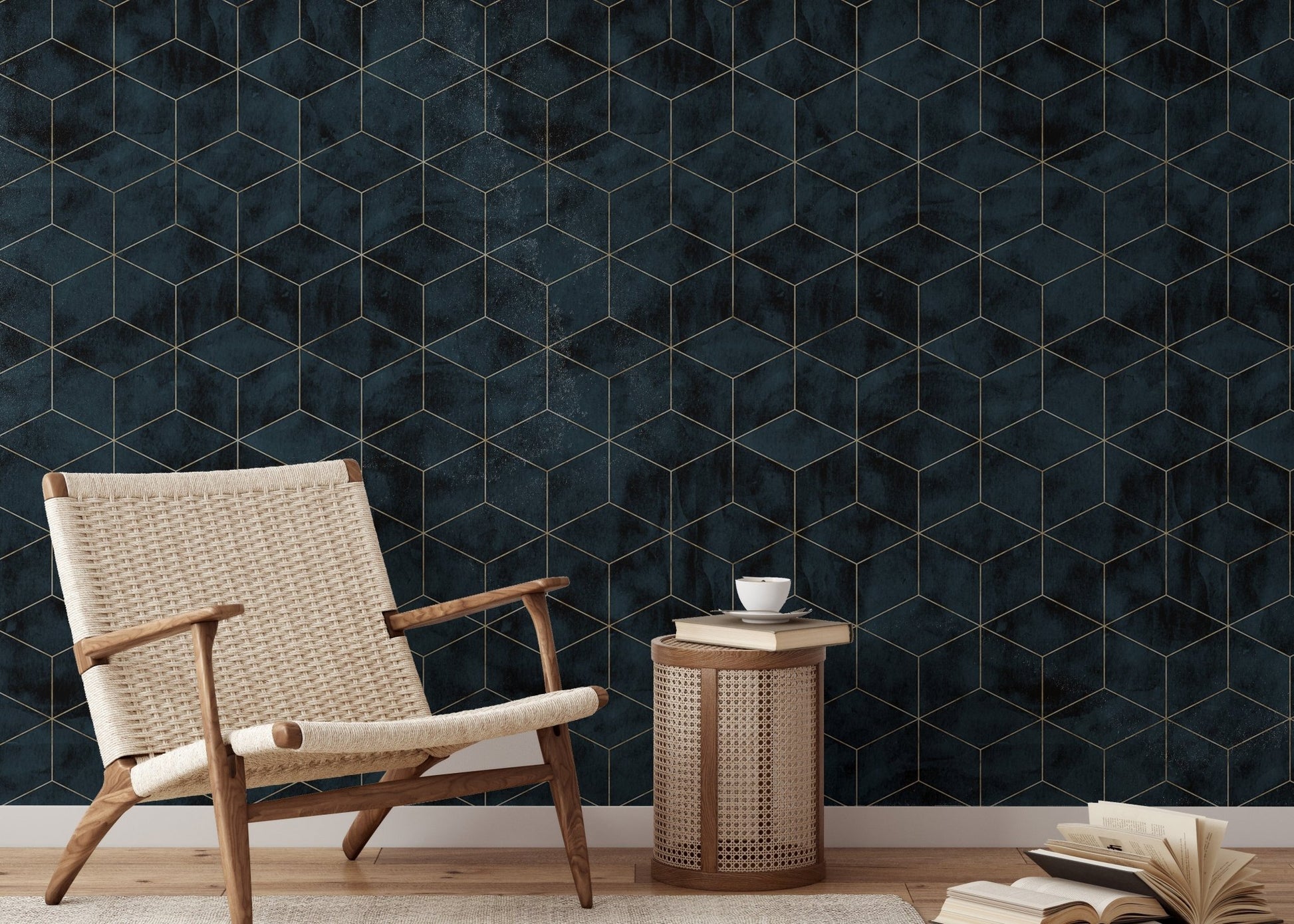 Dark Color Cubes Art Deco wallpaper in a minimalist reading area with a wooden chair.