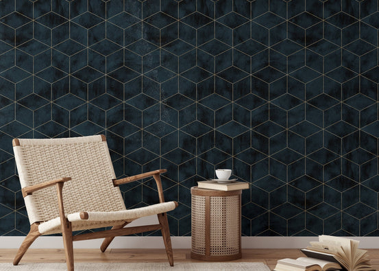 Dark Color Cubes Art Deco wallpaper in a minimalist reading area with a wooden chair.