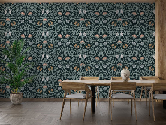 Botanical retro pattern wall mural on a large dining room wall with wooden table.