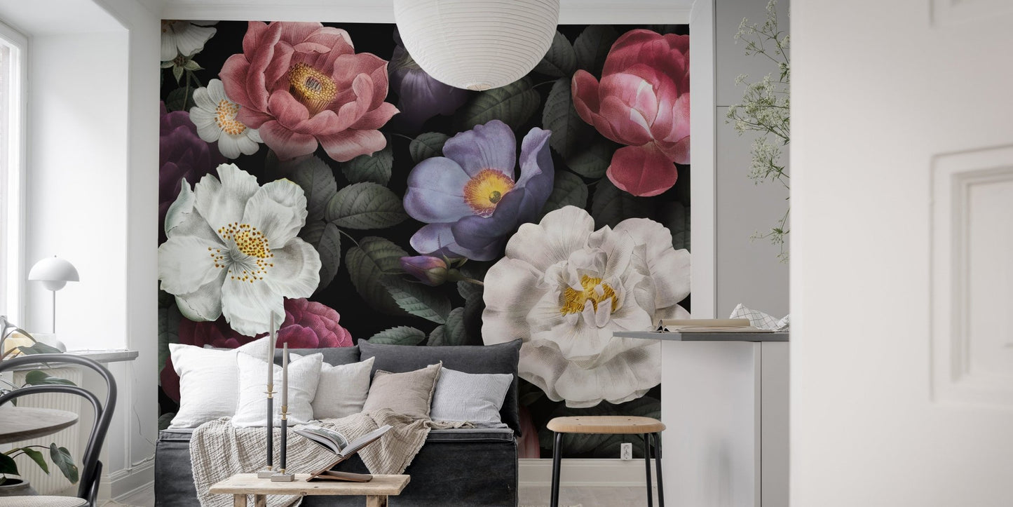 Living room accent wall featuring oversized white and red floral mural.