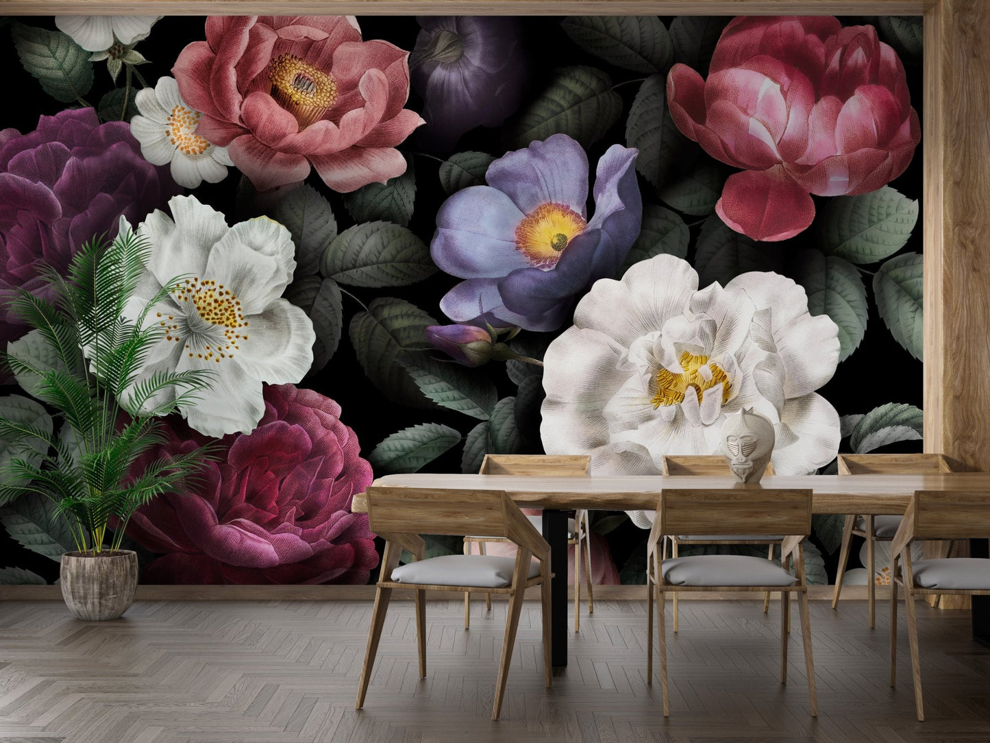 Dining room wall mural with dark floral pattern and wooden table set.