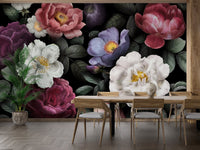 Dining room wall mural with dark floral pattern and wooden table set.