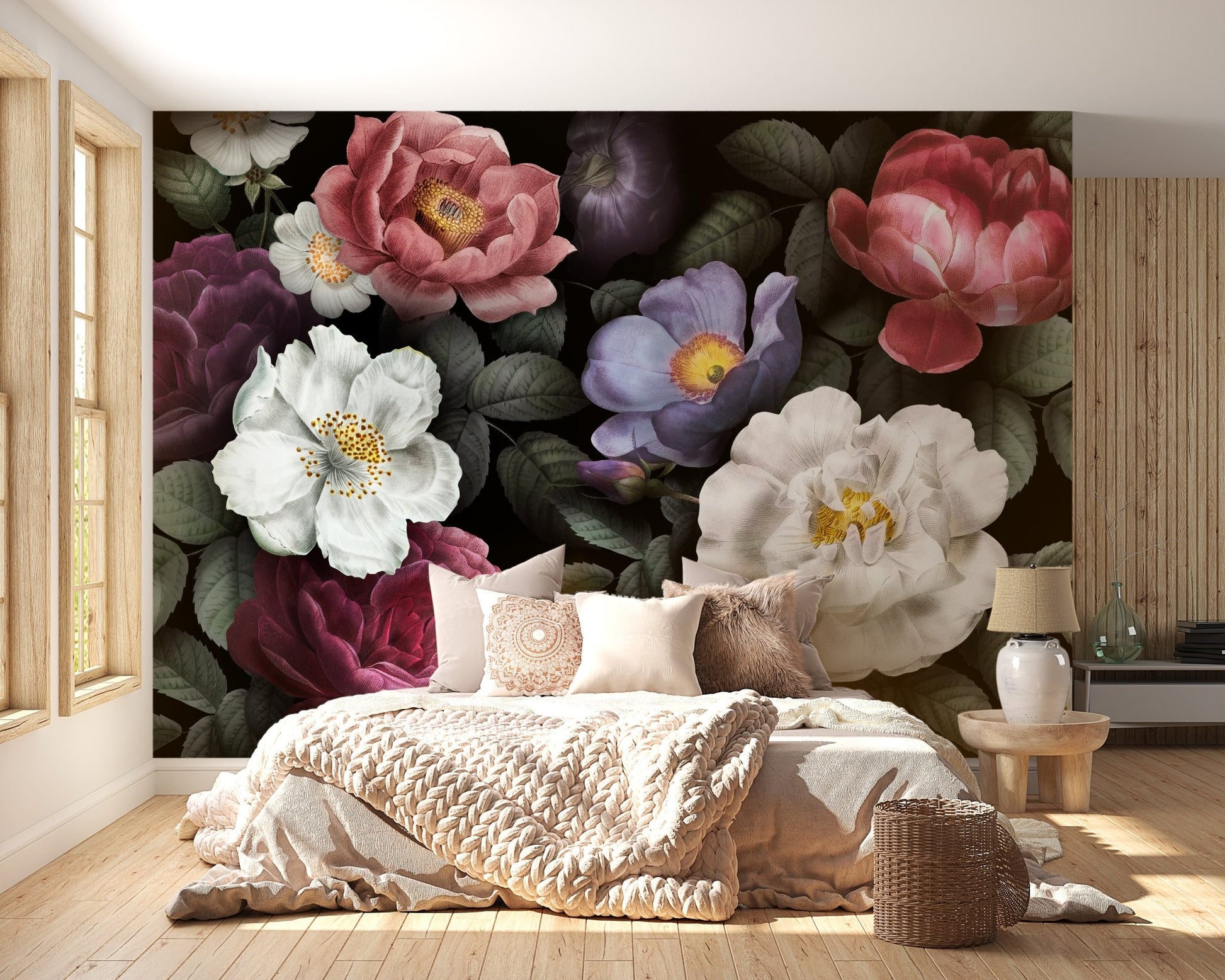 Luxury bedroom styling with white and red floral wall mural behind the bed.


