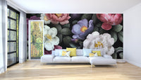 Large dark peony wall mural behind white sofa in minimalist living area.
