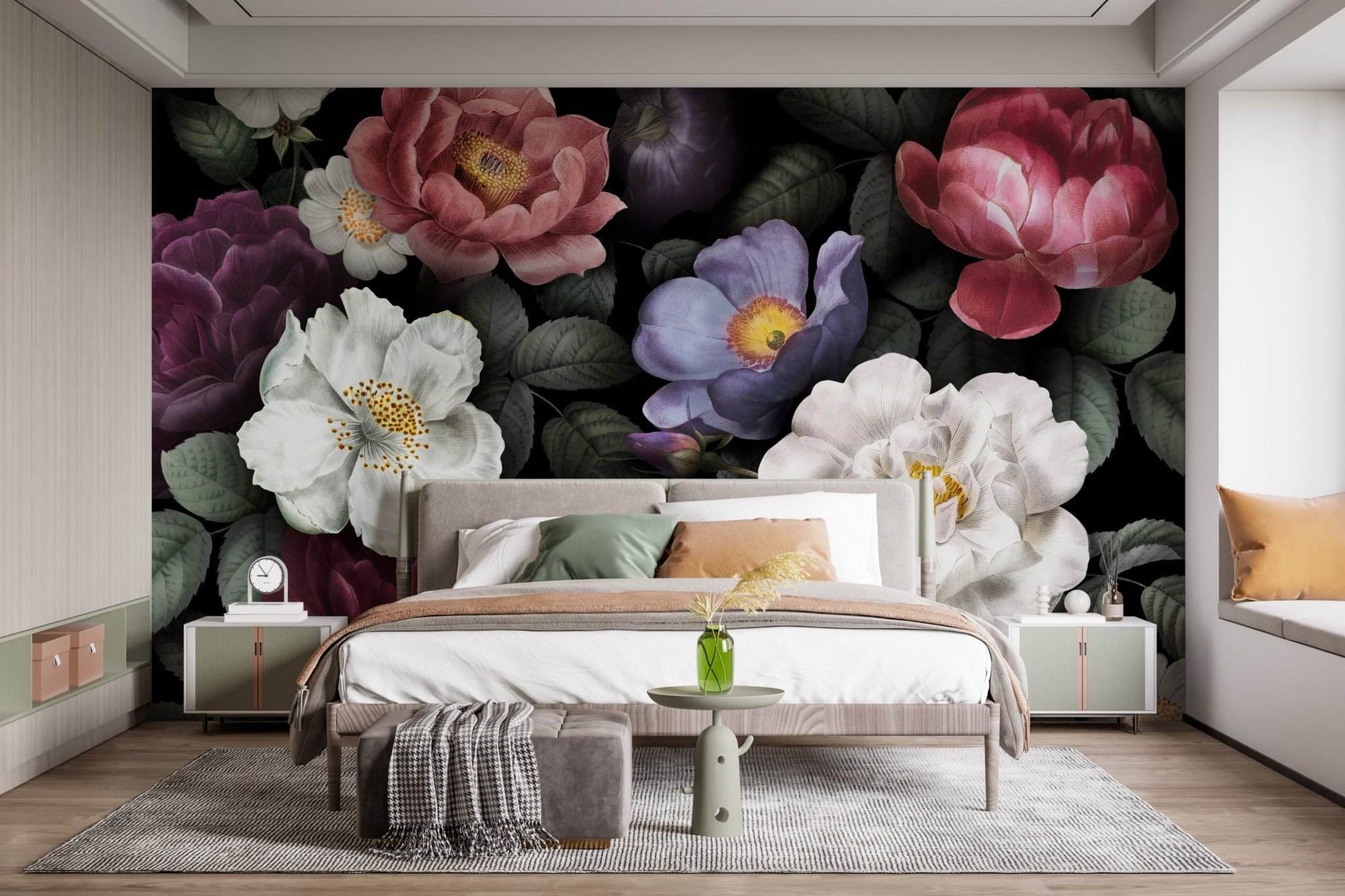 Dark colorful floral wall mural in modern bedroom with grey rug and wooden floor.