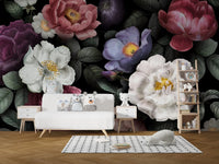 Floral wall mural with white and purple blooms in bright kids area.