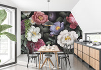 Kitchen dining space featuring dark colorful floral mural on angled wall.