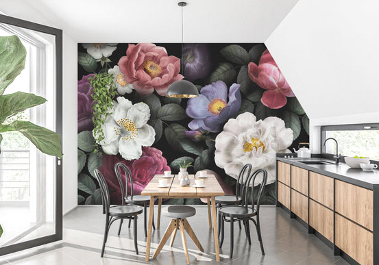 Kitchen dining space featuring dark colorful floral mural on angled wall.