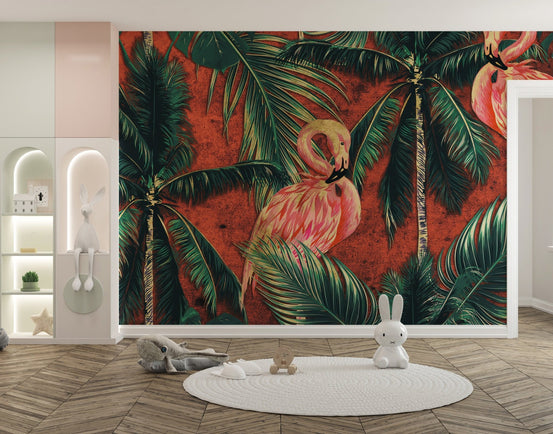 Dark flamingo in tropical forest wall mural in a minimalist playroom with white rug.