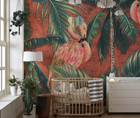 Nursery room with a round wooden crib and dark flamingo in tropical forest wall mural.