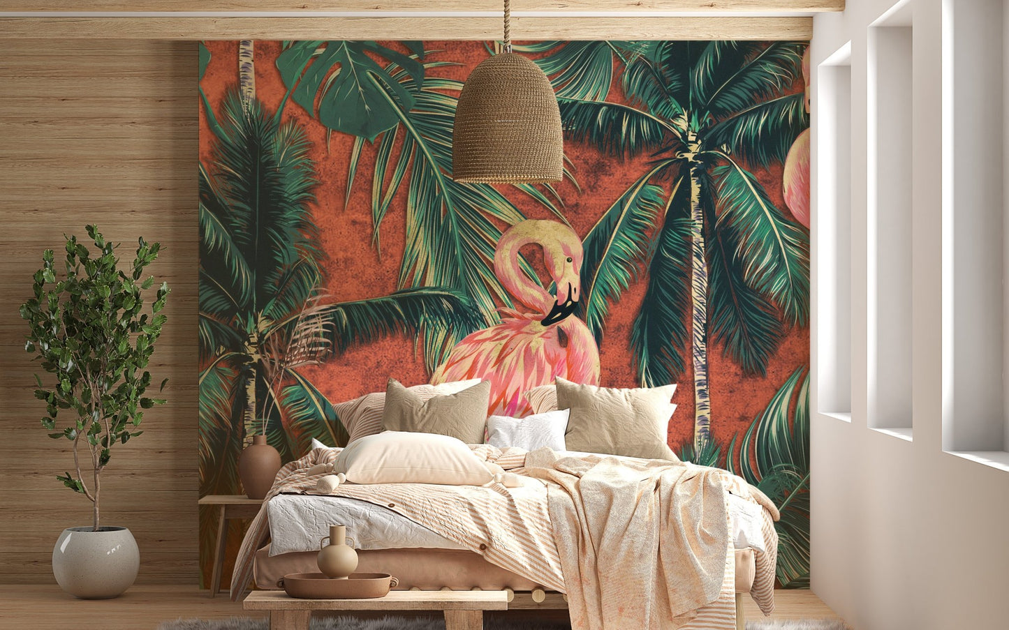 Master bedroom with neutral bedding and botanical flamingo wall mural.
