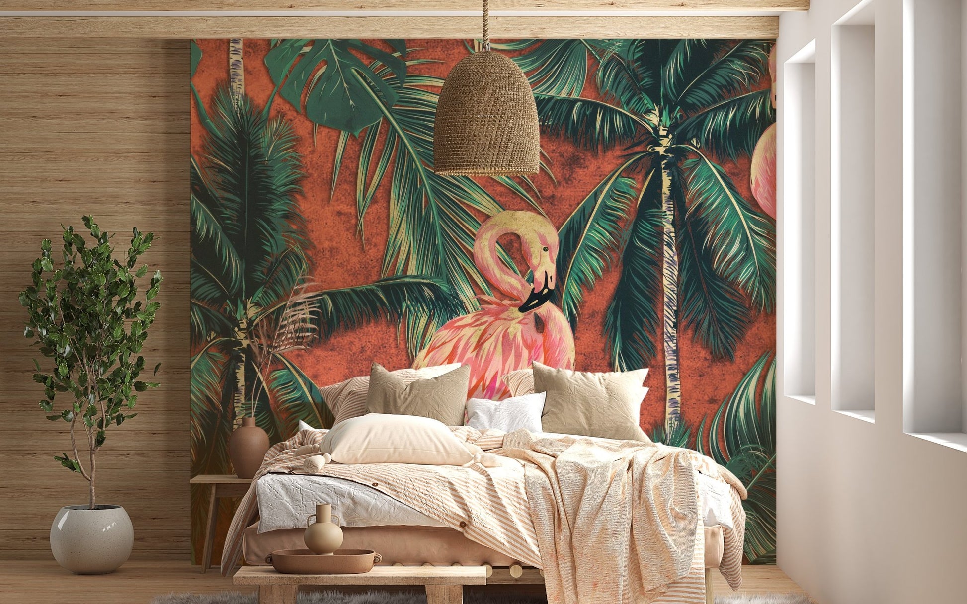 Master bedroom with neutral bedding and botanical flamingo wall mural.
