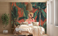 Master bedroom with neutral bedding and botanical flamingo wall mural.