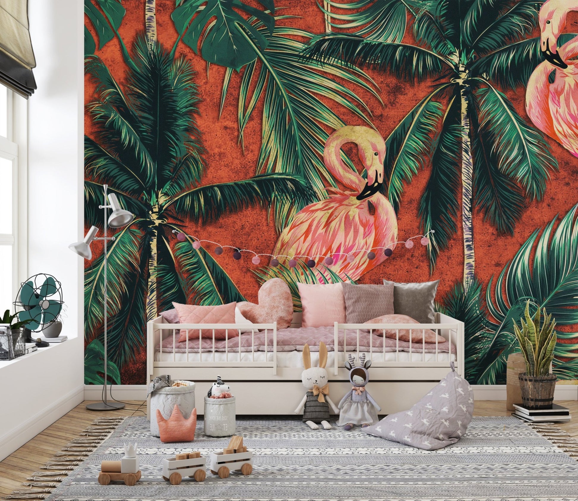 Kids bedroom featuring pink flamingo wall mural with green palm leaves.