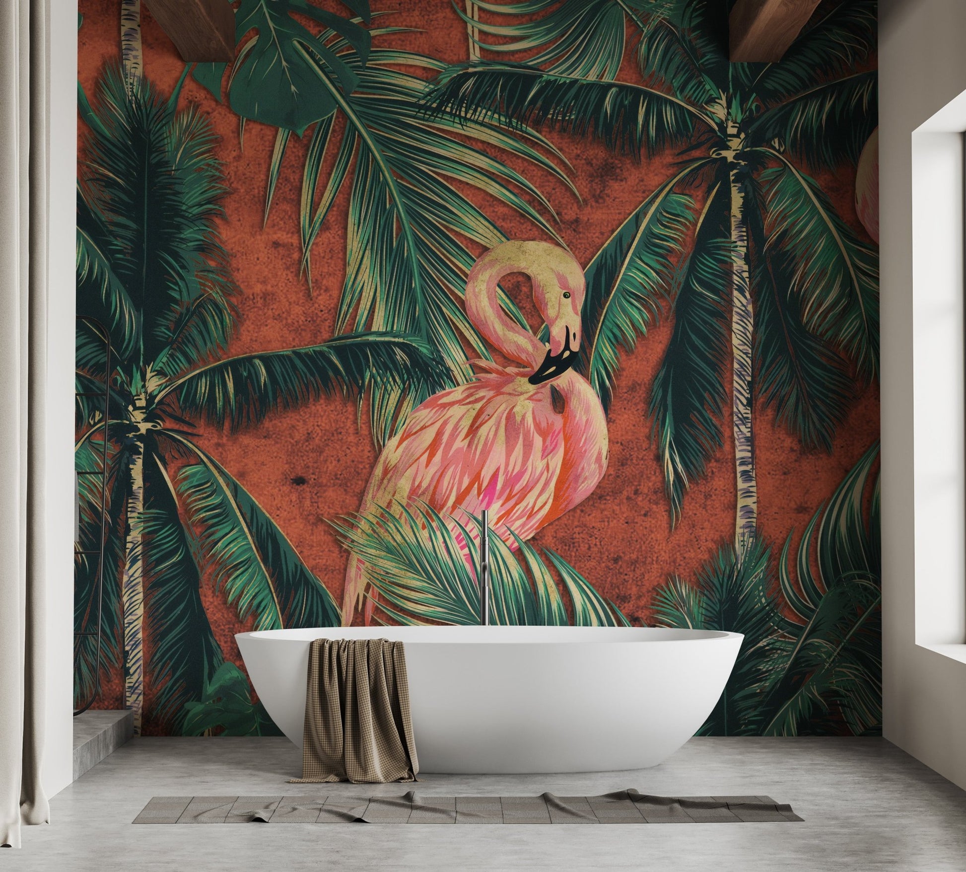 Luxury bathroom design with dark tropical wall mural and standalone bathtub.


