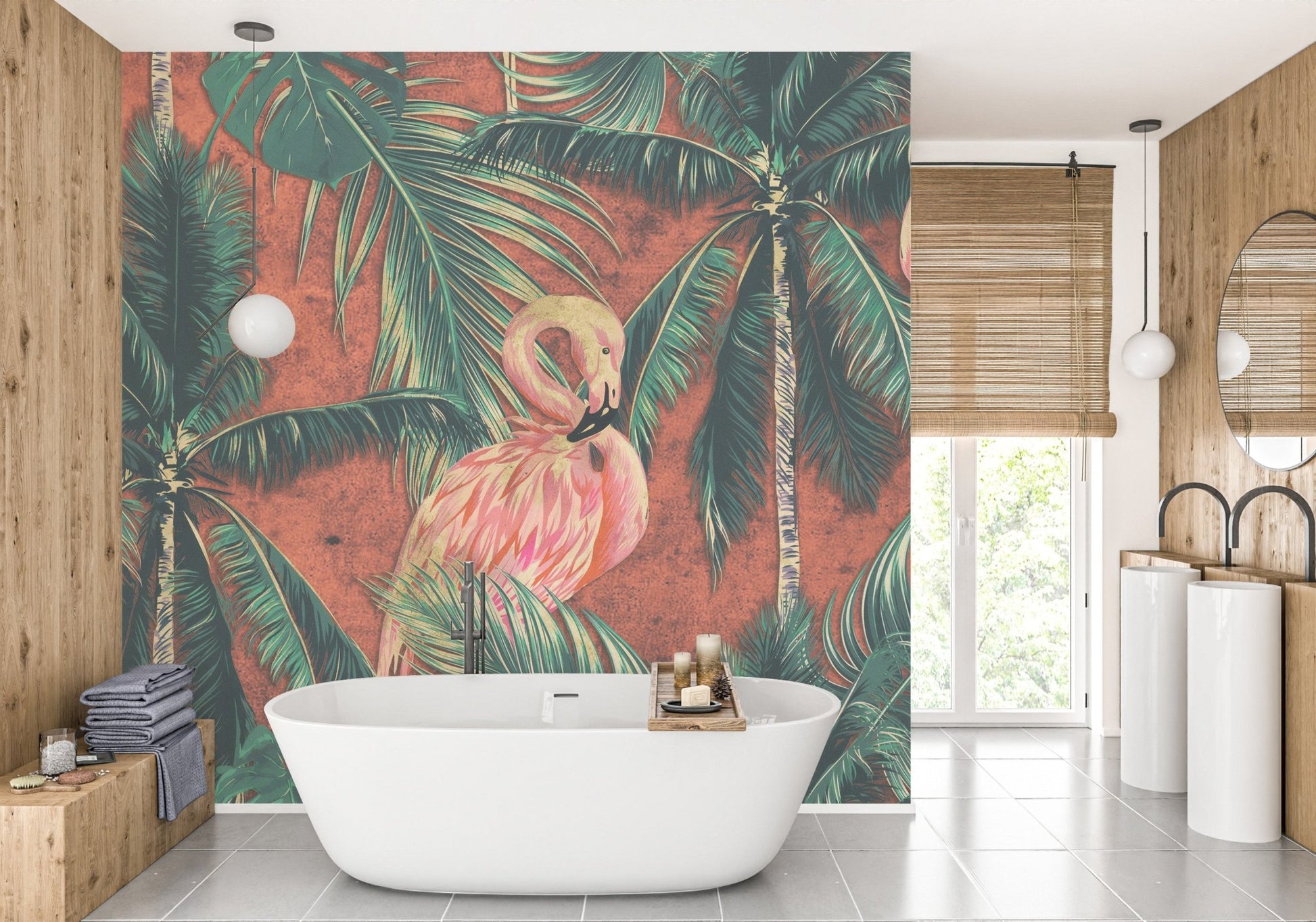 Modern bathroom featuring a white tub and tropical forest wall mural.