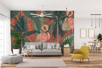 Large tropical wall mural behind a grey sofa and yellow armchair in a living area.