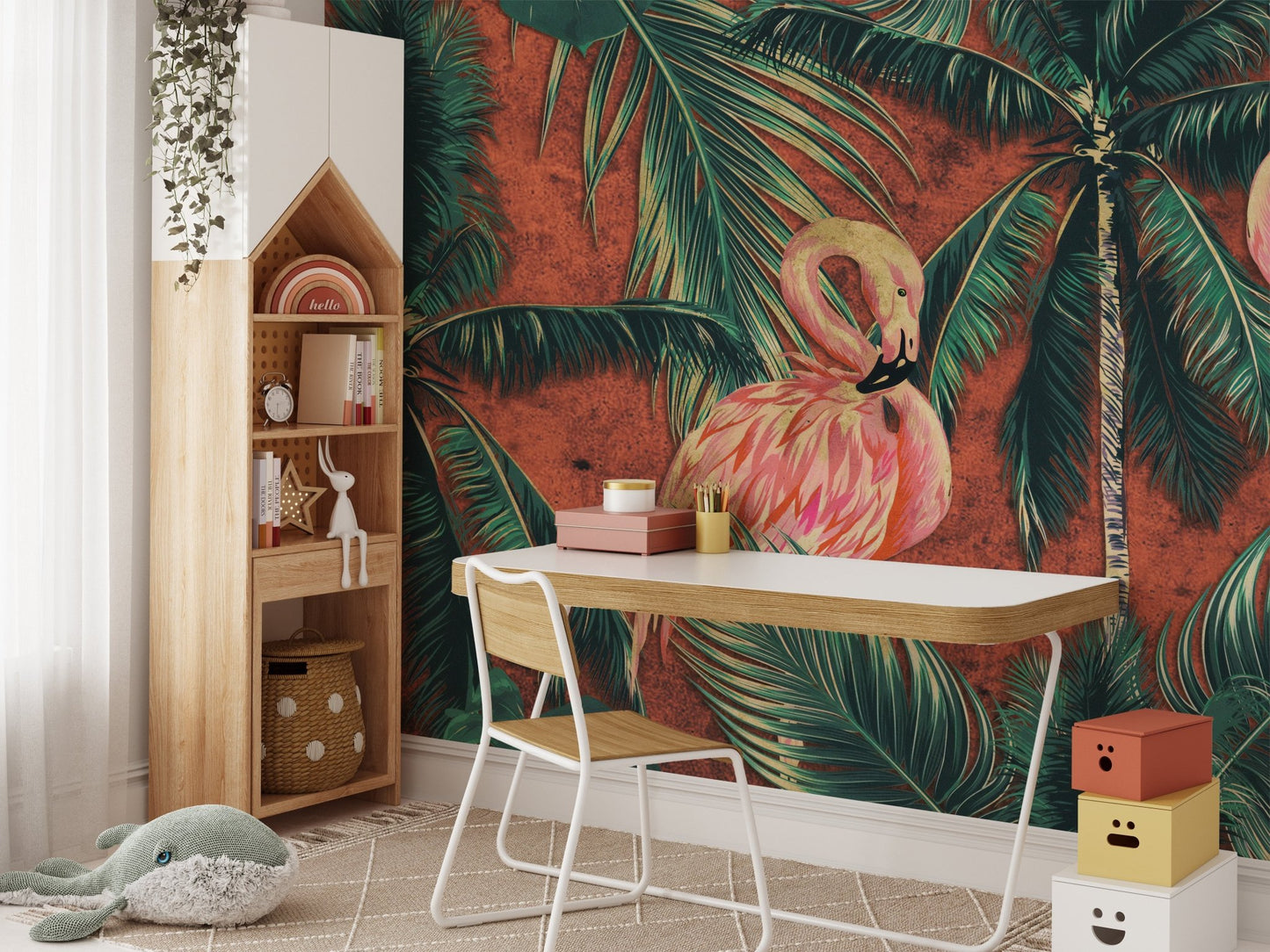 Study space wall mural with tropical bird pattern and wooden desk.