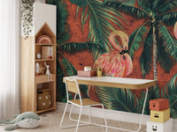 Study space wall mural with tropical bird pattern and wooden desk.