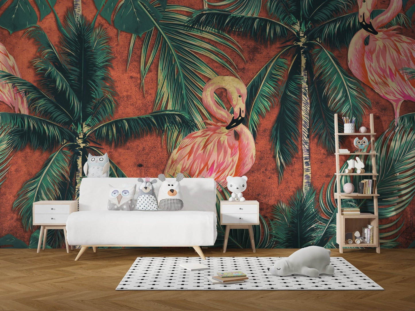 Playful wall mural with pink flamingos and palm trees in a white toy room.