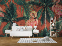Playful wall mural with pink flamingos and palm trees in a white toy room.