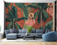 Living room with a blue sectional sofa and flamingo mural on feature wall.