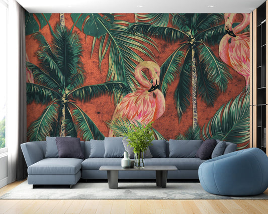 Living room with a blue sectional sofa and flamingo mural on feature wall.