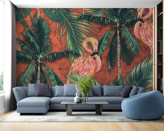 Living room with a blue sectional sofa and flamingo mural on feature wall.