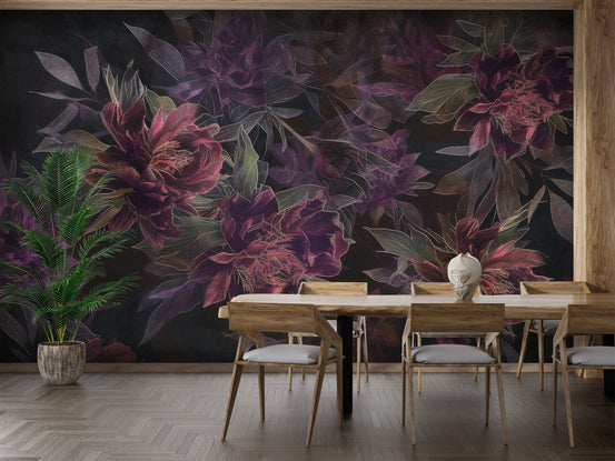 Dark floral botanical wallpaper featuring moody purple peonies on a black base.