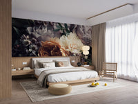 Dark Flower Bouquet Botanical Wall Mural in bedroom with wooden bed frame.