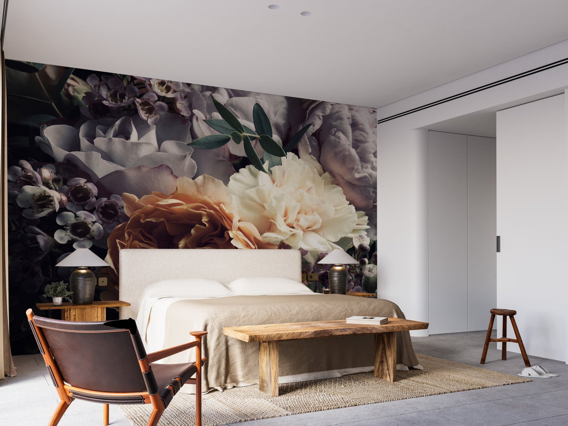 Modern bedroom with white bedding and dark floral botanical wall mural.