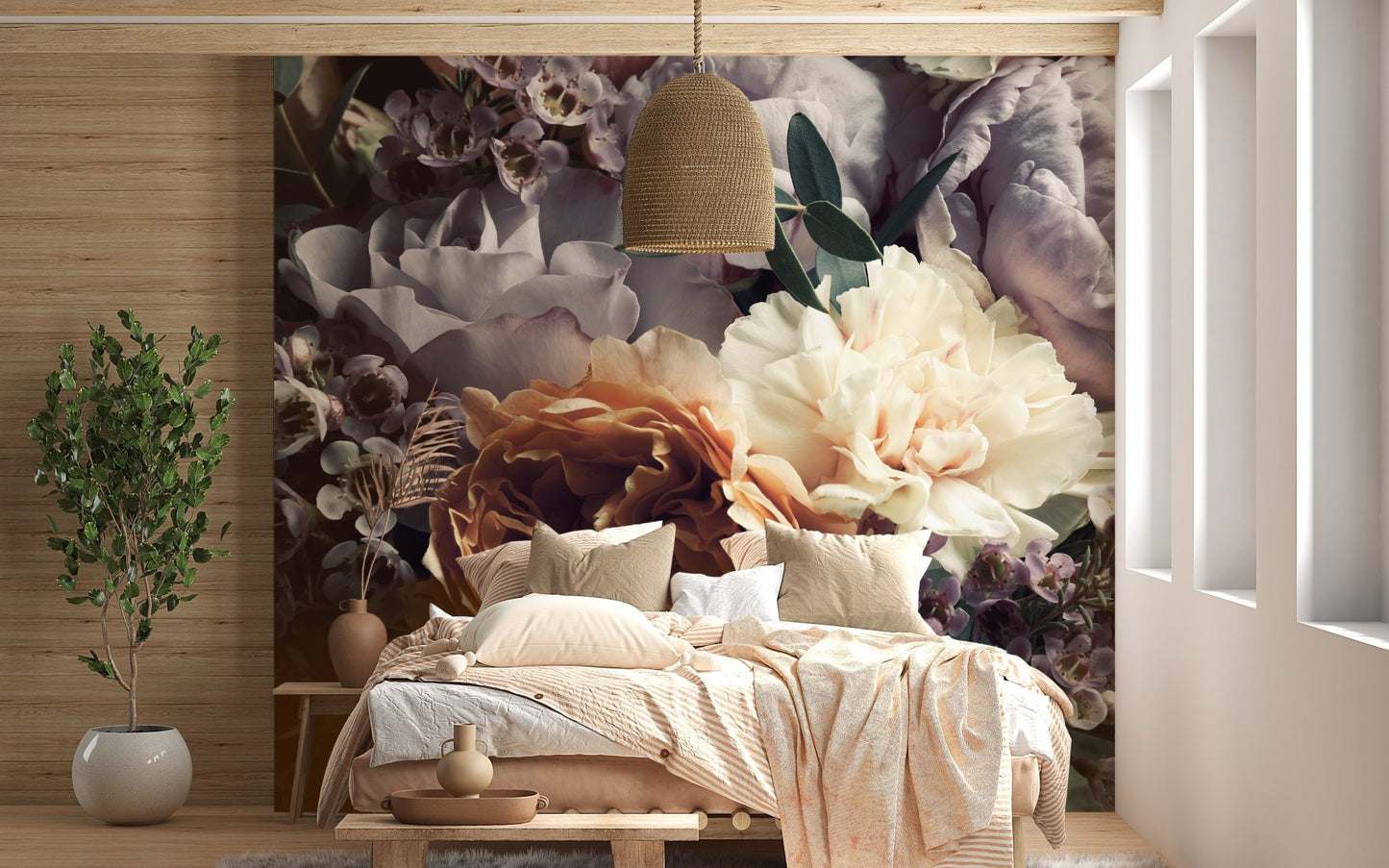 Rustic bedroom styling with Dark Flower Bouquet Botanical Wall Murals.