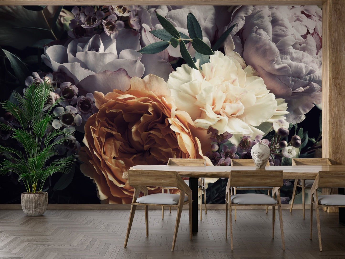 Dining room setup with wooden table against Dark Flower Bouquet Botanical Wall Mural.