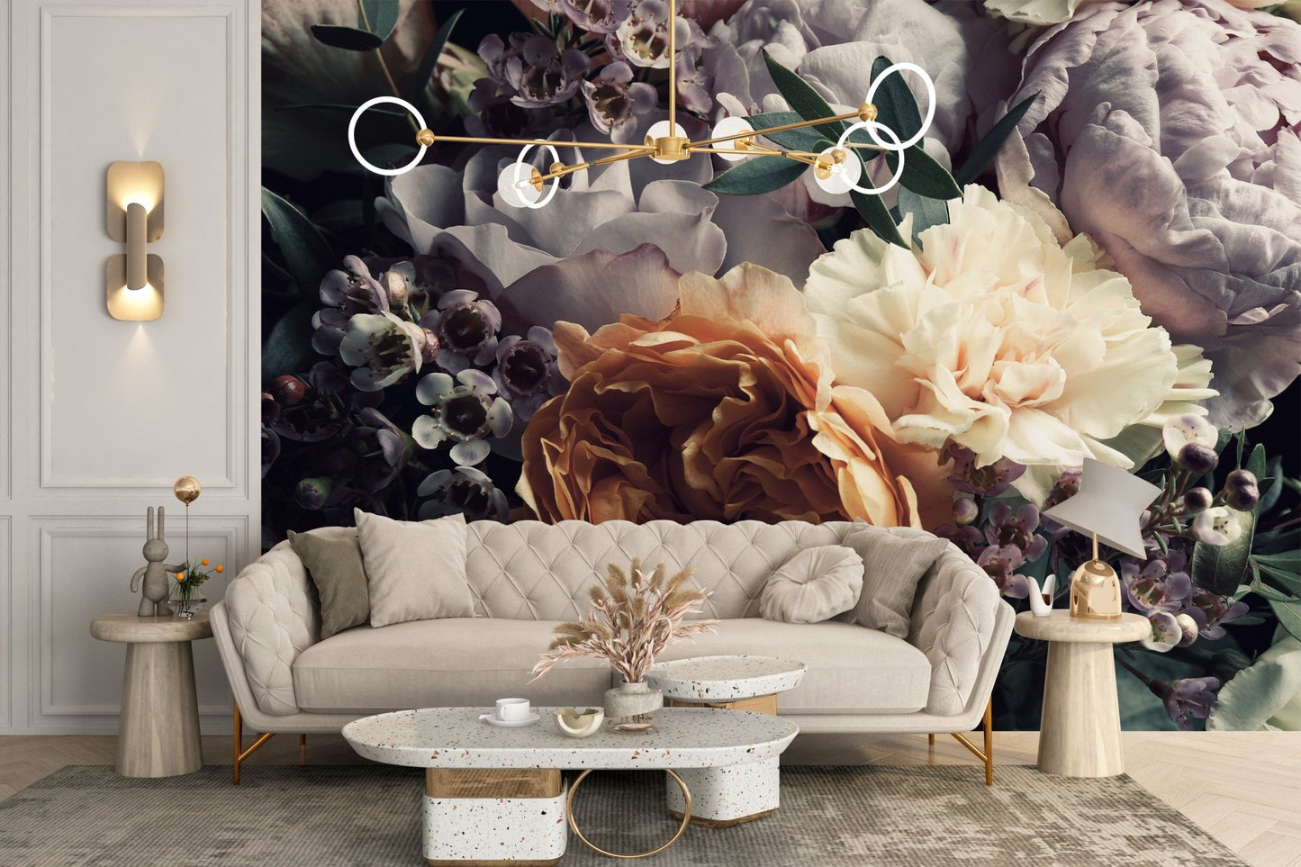 Large flower wall mural behind cream sofa in a modern sitting area.