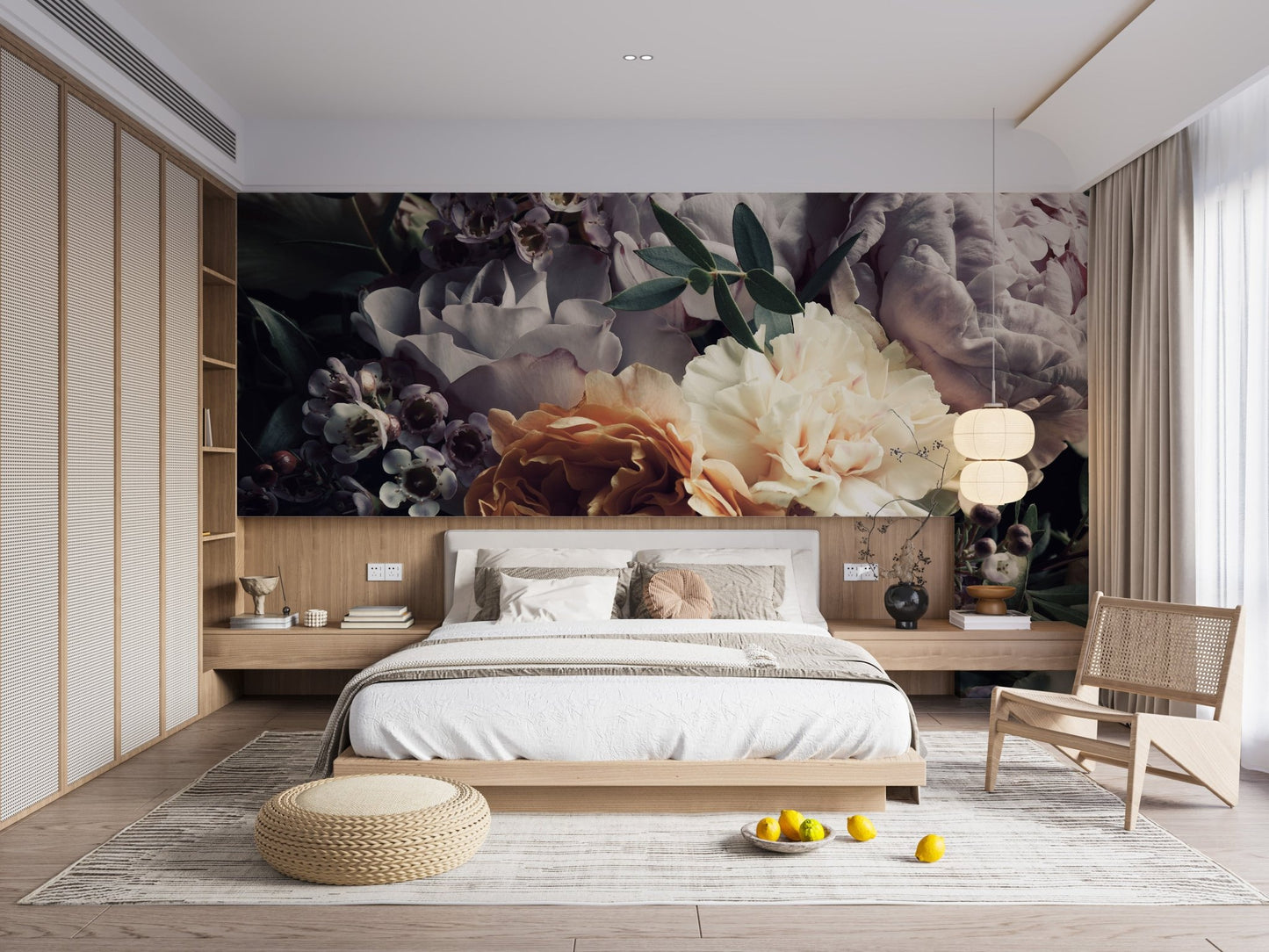 Minimalist bedroom featuring large dark botanical wall mural.
