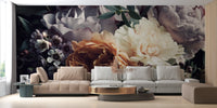 Modular tan sofa set against Dark Flower Bouquet Botanical Wall Mural.