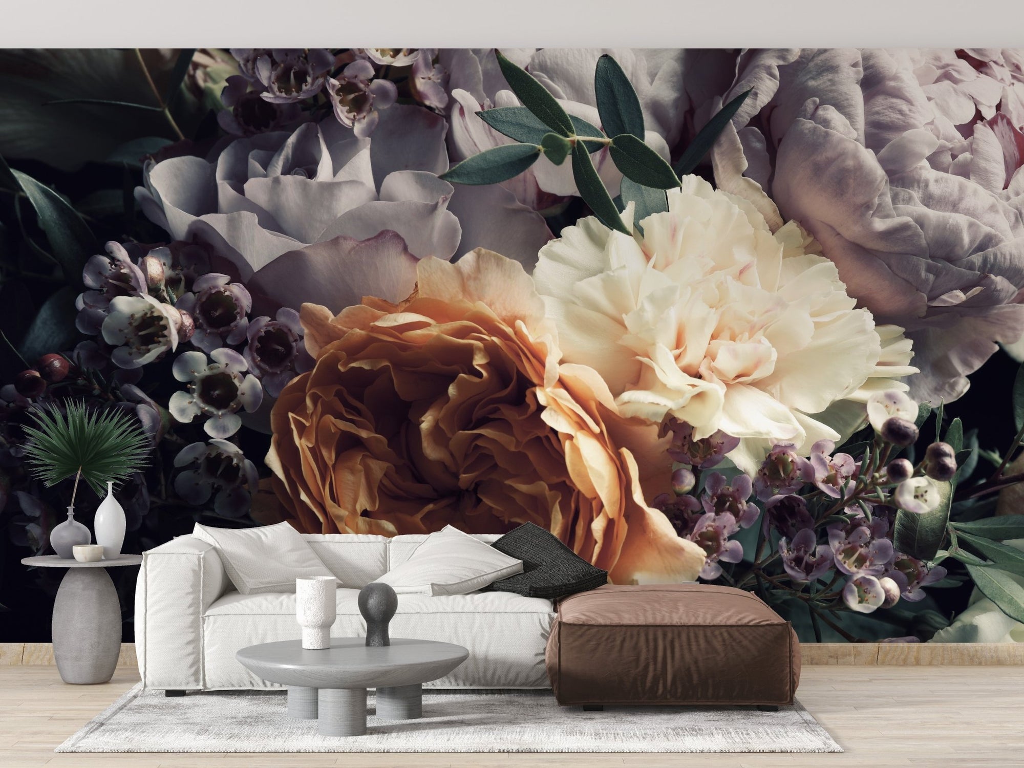 Dark Flower Bouquet Botanical Wall Murals with white sofa and brown ottoman.