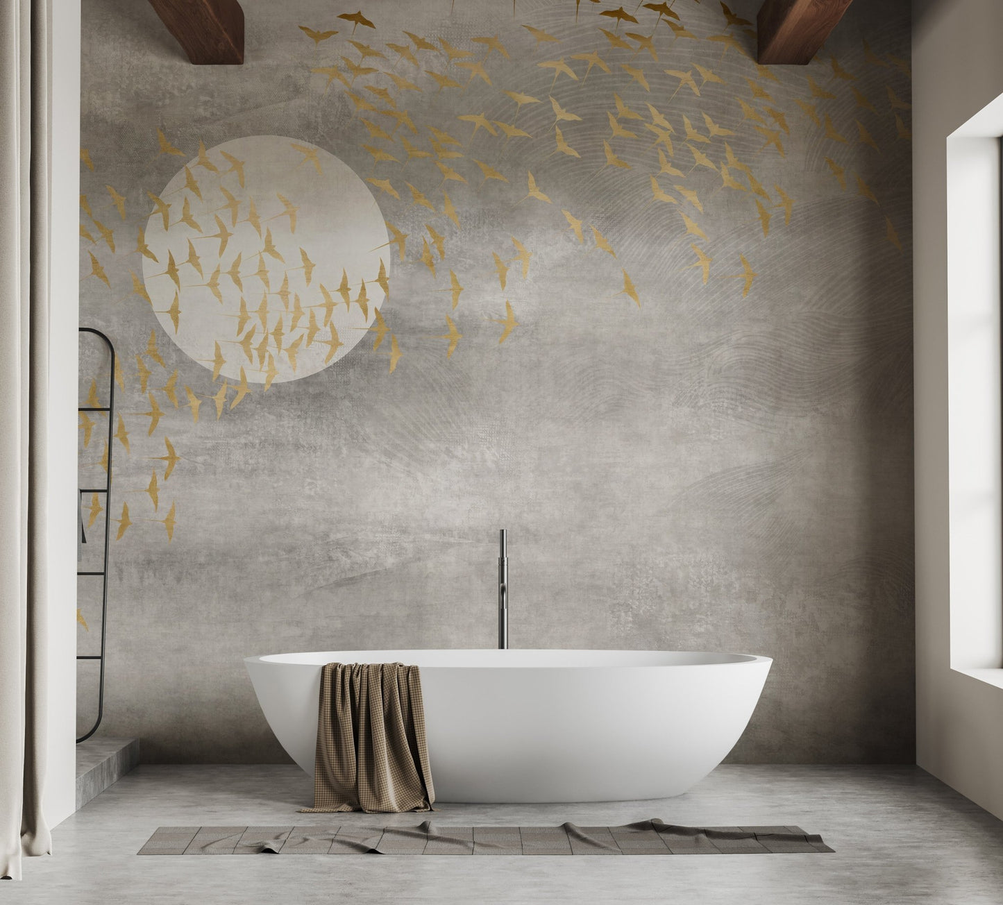 Dark Golden Birds Flying in Sky Wall Mural in grey bathroom with white tub.